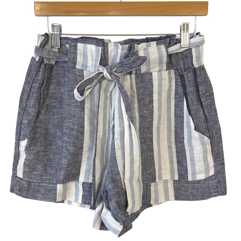 Indigo Rein‎ Striped Paperbag Waist Shorts Womens Linen Blend Tie Front Medium